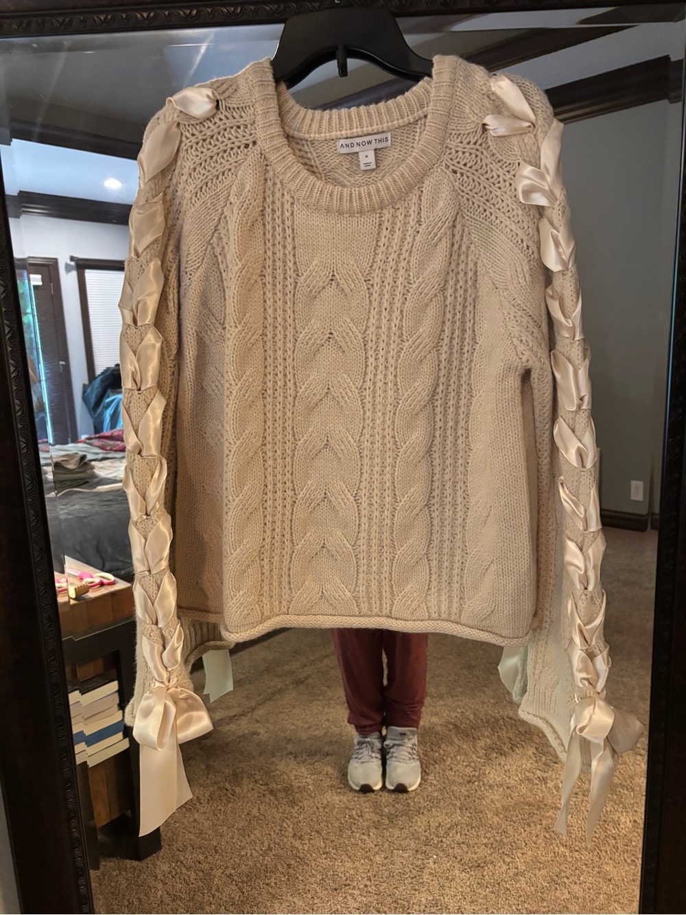And Now This Cream Cable-Knit Crewneck Sweater with Satin Ribbon Sleeves